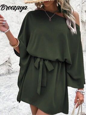SHEIN Olive Green One-Shoulder Tie-Waist Dress